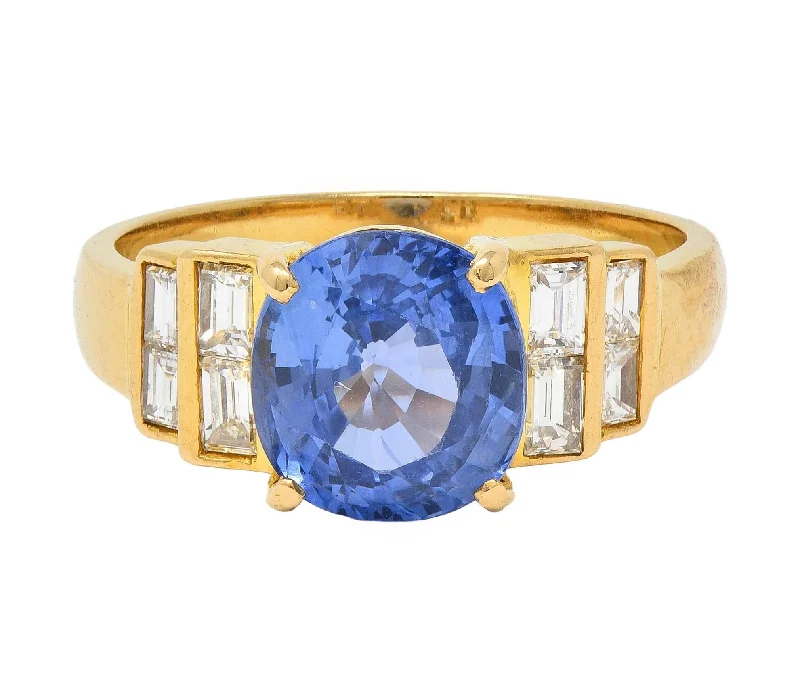 Final Call For Exquisite Jewelry At Reduced Rates 1980 4.07 CTW Ceylon Sapphire Diamond 18 Karat Yellow Gold Vintage Stepped Ring Final Call For Exquisite Jewelry At Reduced Rates 1980 4.07 CTW Ceylon Sapphire Diamond 18 Karat Yellow Gold Vintage Stepped Ring