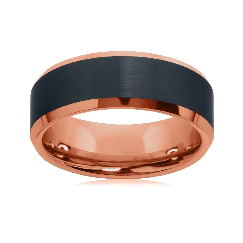 Affordable Luxury Jewelry For Every Occasion 8MM Wedding Ring in Rose Tungsten with Black Satin Center Affordable Luxury Jewelry For Every Occasion 8MM Wedding Ring in Rose Tungsten with Black Satin Center
