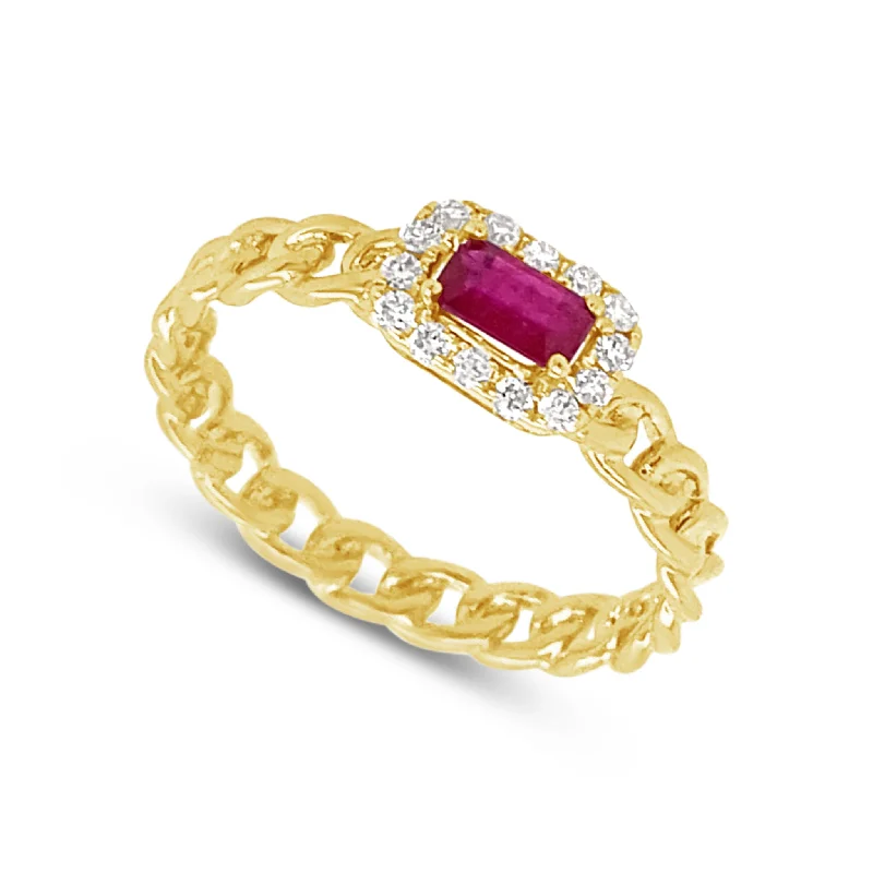 Discounted Luxury Jewelry – Shine Without The Splurge Baguette Ruby and Diamond Halo Link Design Ring Discounted Luxury Jewelry – Shine Without The Splurge Baguette Ruby and Diamond Halo Link Design Ring