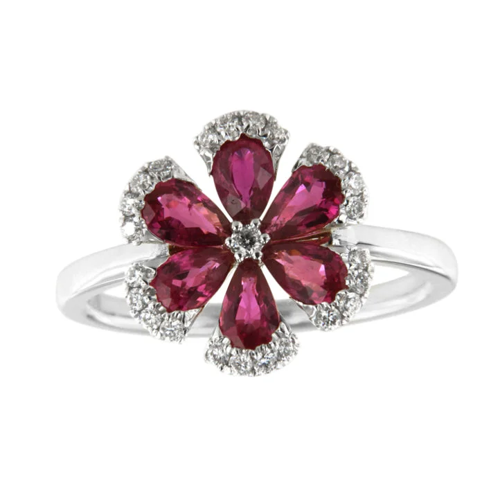 Fashion-Forward Geometric Jewelry For Contemporary Style Ruby and Diamond Flower Ring Fashion-Forward Geometric Jewelry For Contemporary Style Ruby and Diamond Flower Ring