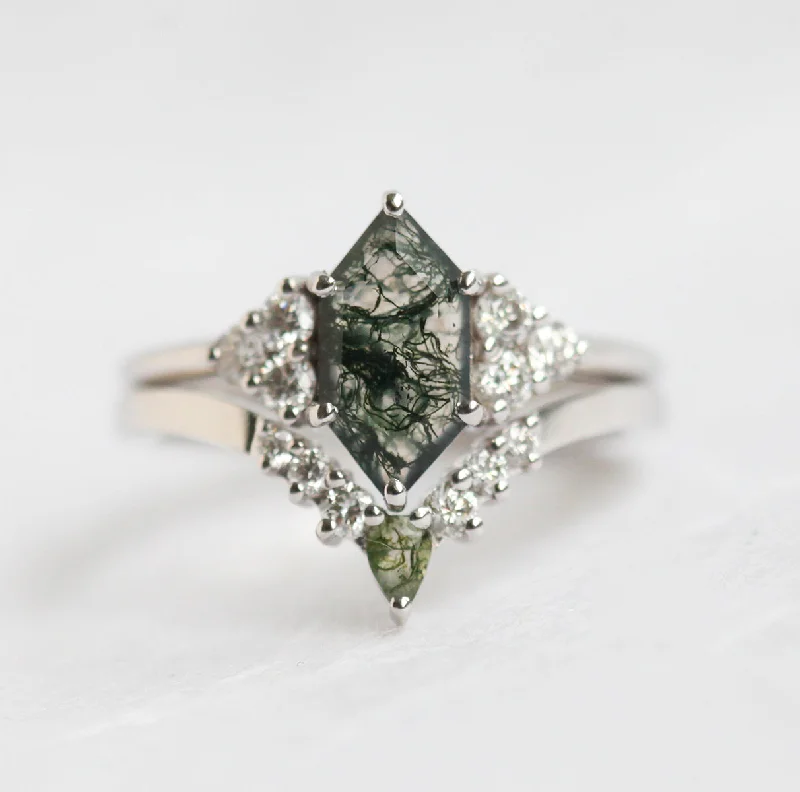 Waterproof Stainless Steel Jewelry For Lasting Beauty Phoenix Hexagon Moss Agate Ring Set With Accent Diamond Waterproof Stainless Steel Jewelry For Lasting Beauty Phoenix Hexagon Moss Agate Ring Set With Accent Diamond