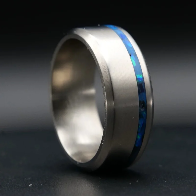 Personalized Engraved Jewelry For Meaningful Gifts Titanium Glowstone Ring | Offset Inlay Ring with Crushed Opal Personalized Engraved Jewelry For Meaningful Gifts Titanium Glowstone Ring | Offset Inlay Ring with Crushed Opal