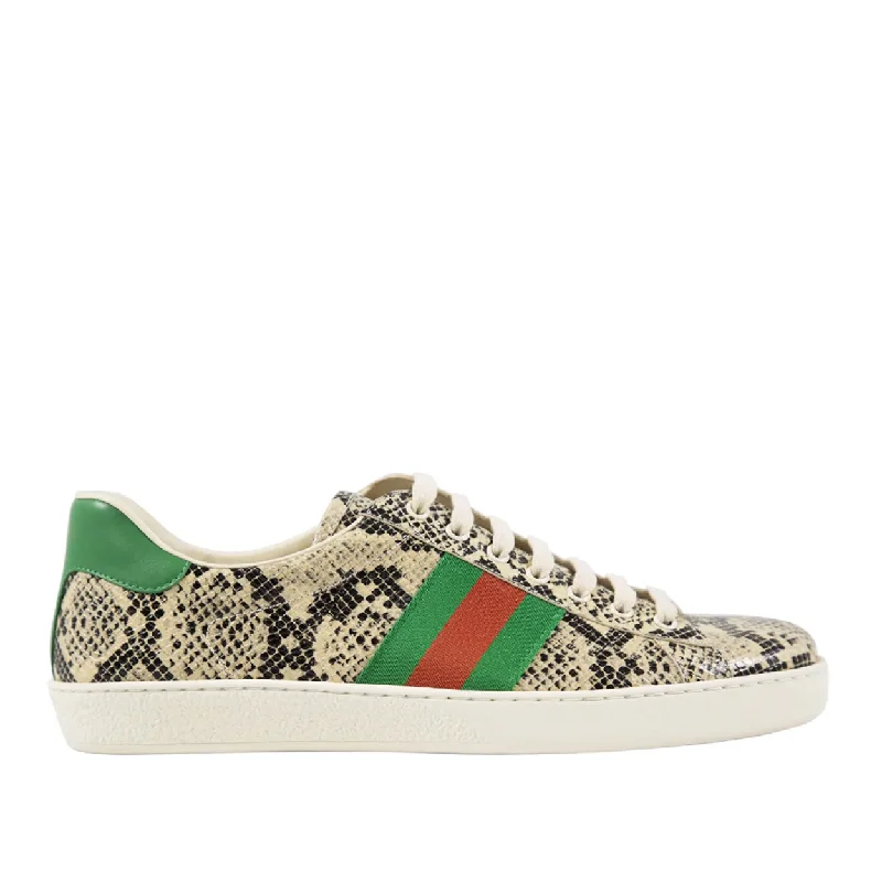 Modern Fashion Loafers Gucci 386750 19Y30 9771 Men's Shoes Natural, Green & Red Python Print / Cafl-Skin Leather Casual Sneakers (GGM1724)