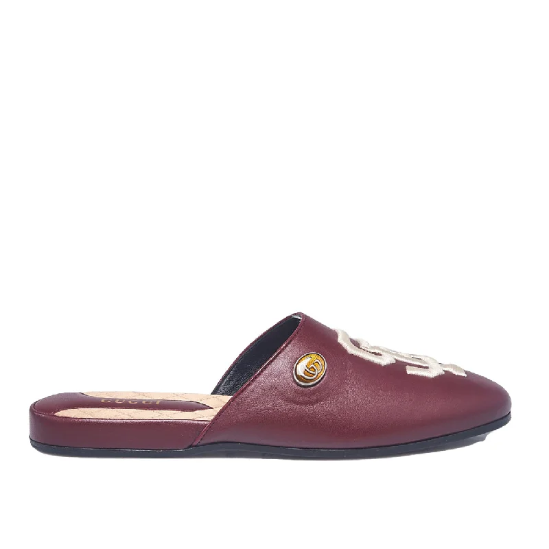 Slip-Resistant Shoes Discount Gucci 540586 Men's Shoes Bordeaux Calf-Skin Leather 'SF' Embroidered Slip-On Mules (GGM1728)