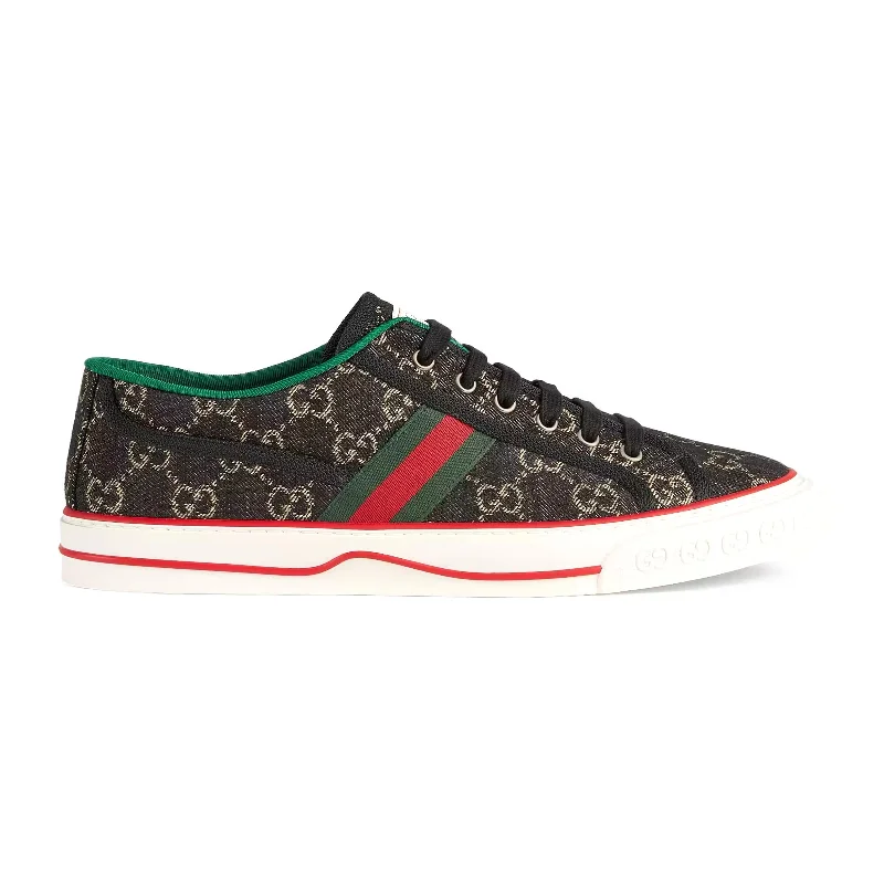 Trendy Flats Sale Gucci 606111 Men's Shoes Black & Ivory Jacquard Denim Tennis 1977 Sneakers (GGM1732)