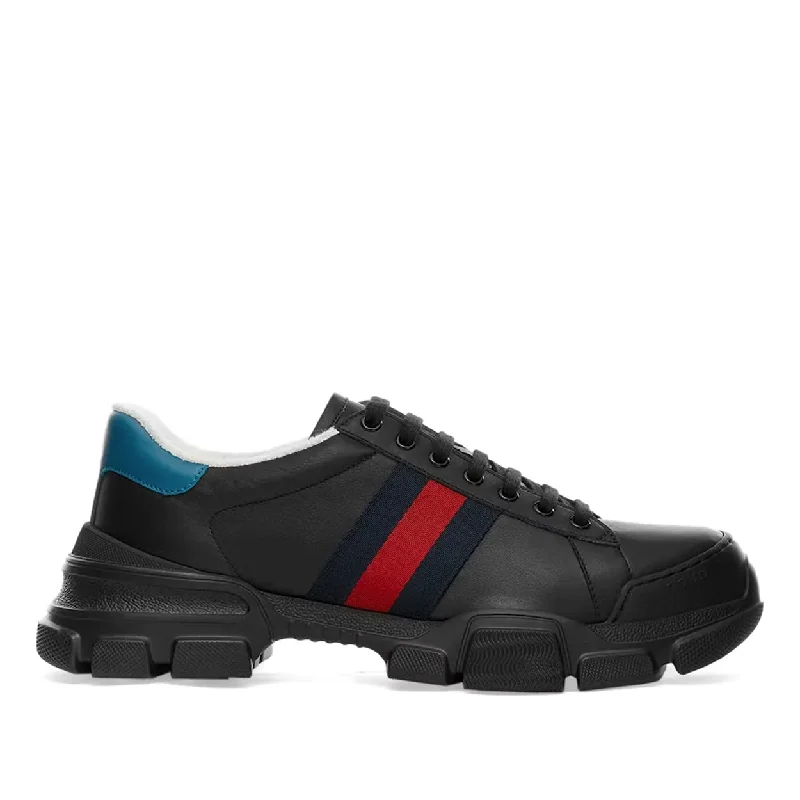 Sleek Dress Shoes Deal Gucci 624701 Nathane Men's Shoes Black, Red & Blue Calf-Skin Leather Web Casual Sneakers (GGM1729)