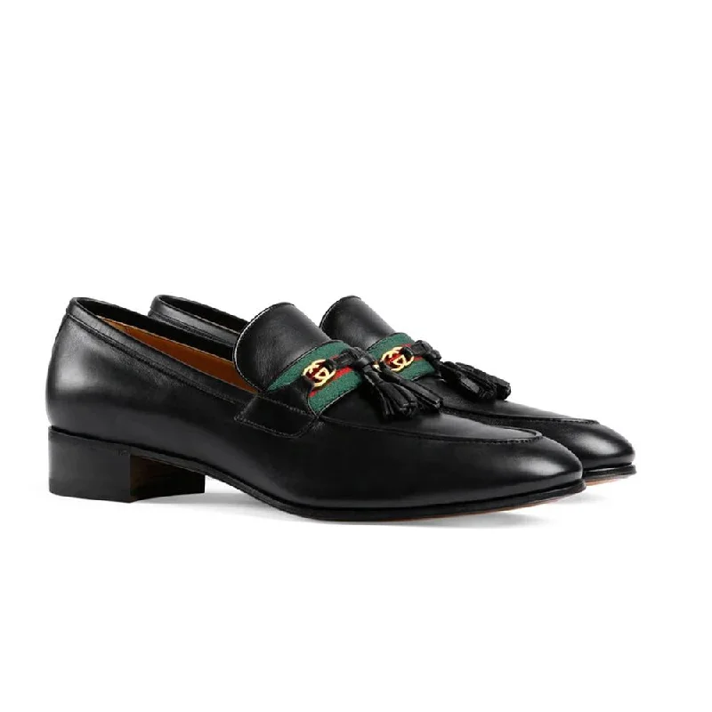 Casual Slip-Ons Promotion Gucci 624720 1066 Men's Shoes Black Calf-Skin Leather with Web and Interlocking G Tassels Loafers (GGM1721)