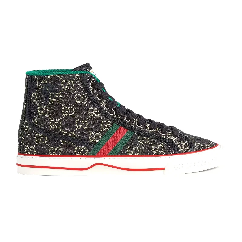 Casual Chic Footwear Offers Gucci 625807 UN310 1290 Men's Shoes Black & Ivory Jacquard Denim Tennis 1977 High-Top Sneakers (GGM1735)