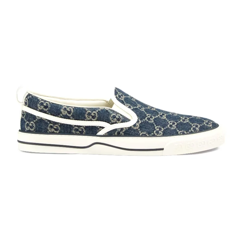 Luxury Formal Shoes Deals Gucci 643489 2KQ20 4465 Men's Shoes Blue & Ivory Jacquard Denim Slip-On Sneakers (GGM1730)