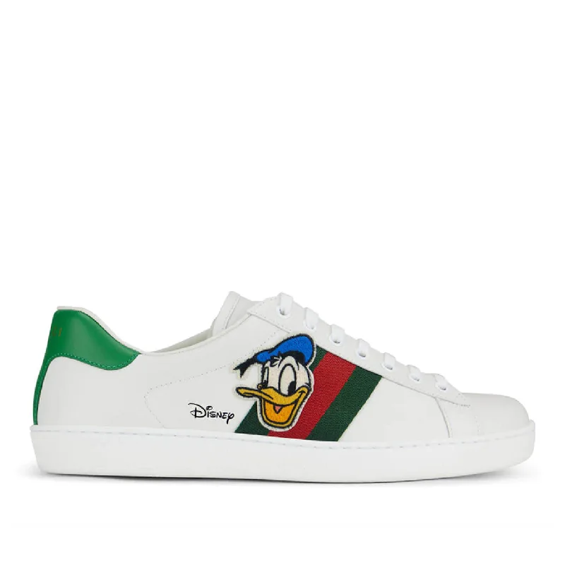 Stylish Deals Gucci 649399 Ace Donald Duck Men's Shoes White, Red & Green Calf-Skin Leather Casual Sneakers (GGM1727)