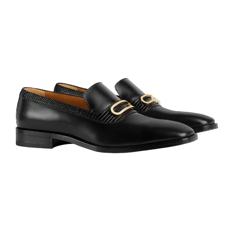 Feminine Style Promotions Gucci 750304 AACBM 1000 Men's Shoes Black Horse Calf-Skin Leather / Lizard Geometric G Slip-On Loafers  (GGM1742)