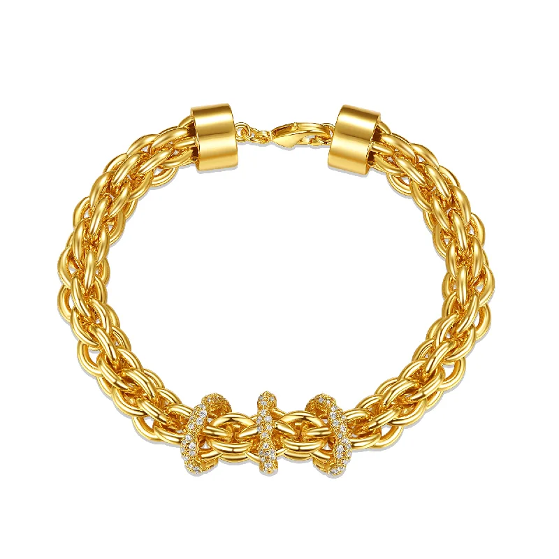Bestselling Jewelry Now On Sale – Elevate Your Look 14k Yellow Gold Plated With Diamond Cubic Zirconia Triple Circle Round Woven Braided Link Chain Bracelet