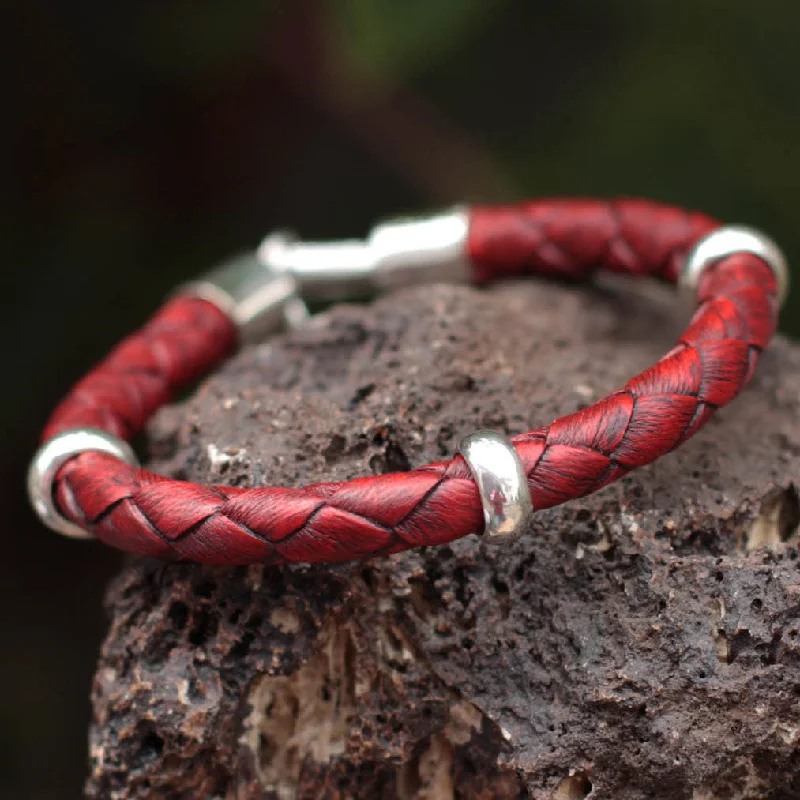 Adjustable Charm Bracelets For A Perfect Fit Bold Red Handmade Men's Leather Braided Bracelet with Sterling Silver Adjustable Charm Bracelets For A Perfect Fit Bold Red Handmade Men's Leather Braided Bracelet with Sterling Silver
