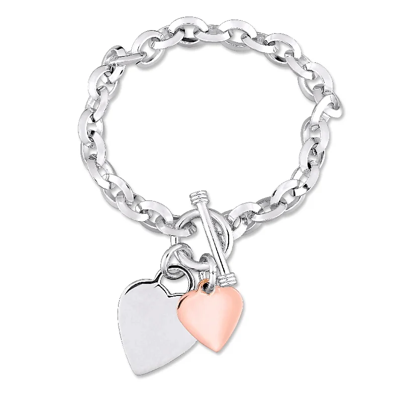 Luxury Jewelry At Unbeatable Discounts Mimi & Max Oval Link Bracelet with Double Heart Charm and Toggle Clasp in 2-tone Rose and White Sterling Silver Luxury Jewelry At Unbeatable Discounts Mimi & Max Oval Link Bracelet with Double Heart Charm and Toggle Clasp in 2-tone Rose and White Sterling Silver