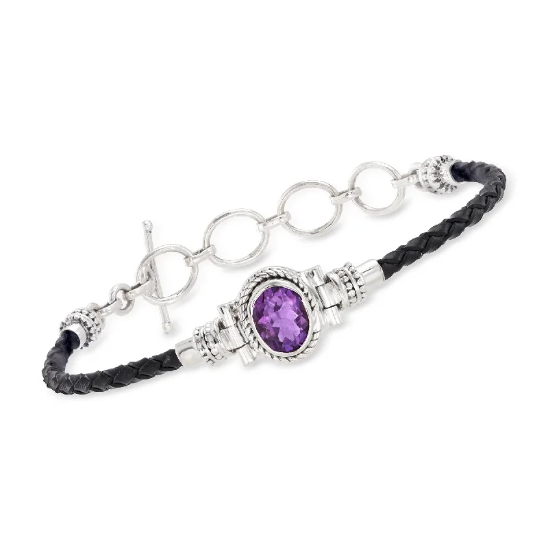 Shop Dazzling Jewelry With Special Promotional Discounts Ross-Simons Amethyst and Black Leather Toggle Bracelet in Sterling Silver Shop Dazzling Jewelry With Special Promotional Discounts Ross-Simons Amethyst and Black Leather Toggle Bracelet in Sterling Silver