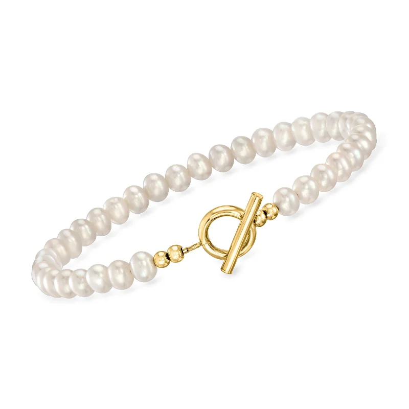 Classic And Modern Jewelry Styles On Sale RS Pure by Ross-Simons 4-5mm Cultured Pearl Toggle Bracelet With 14kt Yellow Gold Classic And Modern Jewelry Styles On Sale RS Pure by Ross-Simons 4-5mm Cultured Pearl Toggle Bracelet With 14kt Yellow Gold