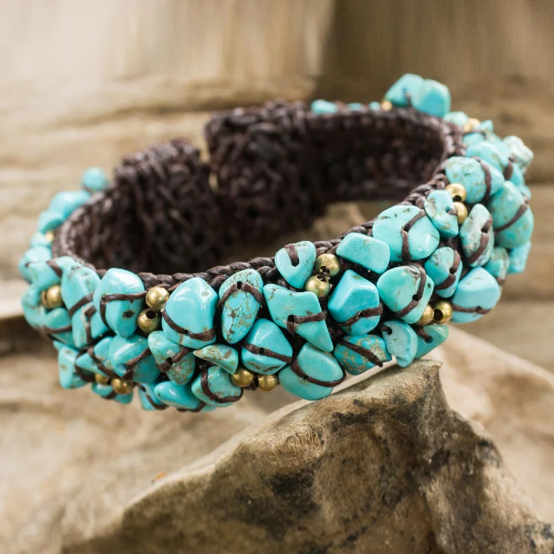 Elevate Your Outfit With Discounted Statement Jewelry Sky Blue Day Turquoise Color Bead Bracelet on Brown Crocheted Cords Elevate Your Outfit With Discounted Statement Jewelry Sky Blue Day Turquoise Color Bead Bracelet on Brown Crocheted Cords