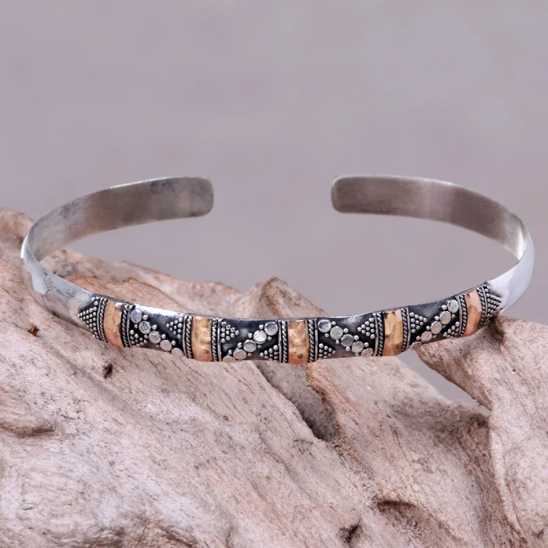 Timeless Elegance Now At Special Discounts Spots and Dots Balinese Gold Accent Slender Sterling Silver Cuff Bracelet Timeless Elegance Now At Special Discounts Spots and Dots Balinese Gold Accent Slender Sterling Silver Cuff Bracelet