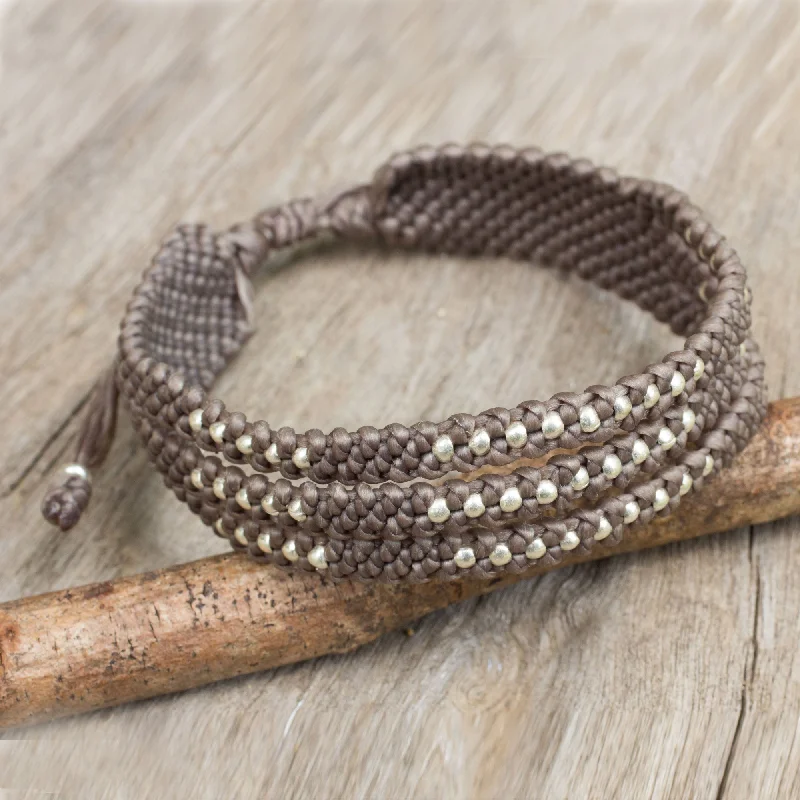 Sparkle On A Budget – Fine Jewelry For Less Starlight and Khaki Wristband Bracelet in Macrame with Silver 950 Beads Sparkle On A Budget – Fine Jewelry For Less Starlight and Khaki Wristband Bracelet in Macrame with Silver 950 Beads