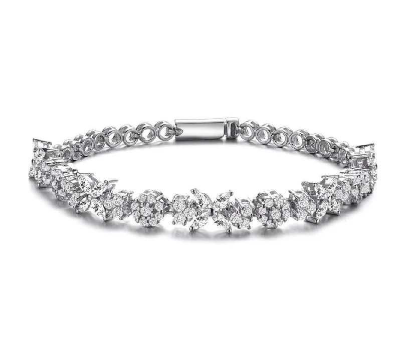 Shop Dazzling Jewelry At The Best Prices Sterling Silver White Gold Plating with Clear Round and Marquise Cubic Zirconia Cluster Flower-Inspired Tennis Bracelet Shop Dazzling Jewelry At The Best Prices Sterling Silver White Gold Plating with Clear Round and Marquise Cubic Zirconia Cluster Flower-Inspired Tennis Bracelet