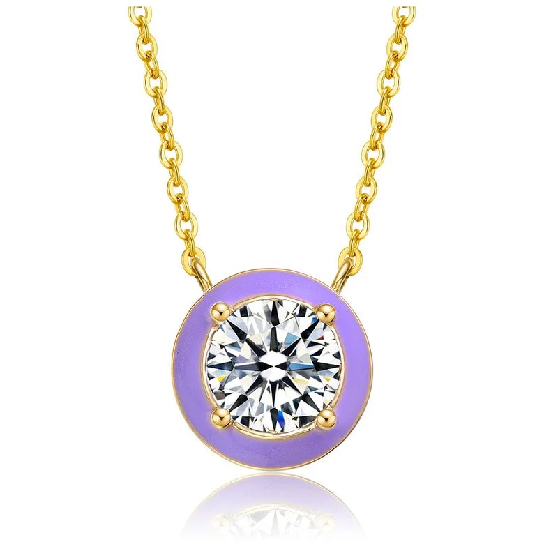 Stunning Statement Jewelry, Unbeatable Discounts 14k Yellow Gold Plated with Clear Cubic Zirconia Purple Enamel Round pendant Necklace Stunning Statement Jewelry, Unbeatable Discounts 14k Yellow Gold Plated with Clear Cubic Zirconia Purple Enamel Round pendant Necklace