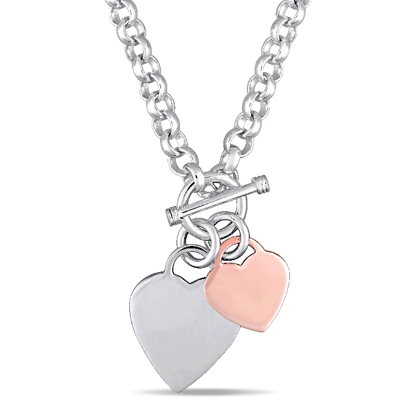 Modern Statement Jewelry For Bold Styling Mimi & Max Oval Link Necklace with Double Heart Charm and Toggle Clasp in 2-tone Rose and White Sterling Silver Modern Statement Jewelry For Bold Styling Mimi & Max Oval Link Necklace with Double Heart Charm and Toggle Clasp in 2-tone Rose and White Sterling Silver