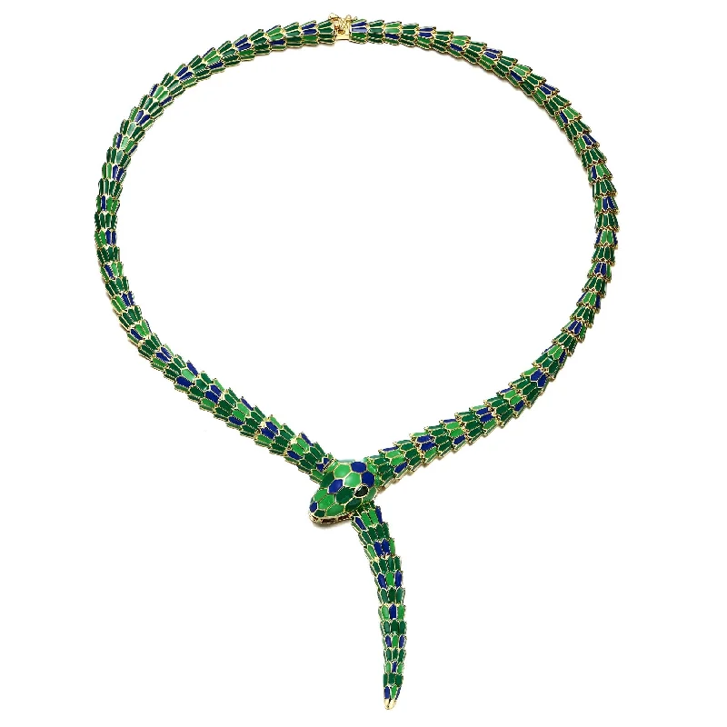 Unmissable Jewelry Clearance – Final Reductions RG 14k Yellow Gold Plated with Emerald Cubic Zirconia Blue & Green Enamel Coiled Serpent Snake Stiff Collar Necklace