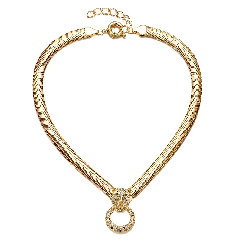 Sparkle On A Budget – Fine Jewelry For Less RG 14k Yellow Gold Plated with Emerald & Cubic Zirconia Panther Head Door Knocker Wire Herringbone Chain Necklace - Adjustable w/ Extension Chain Sparkle On A Budget – Fine Jewelry For Less RG 14k Yellow Gold Plated with Emerald & Cubic Zirconia Panther Head Door Knocker Wire Herringbone Chain Necklace - Adjustable w/ Extension Chain