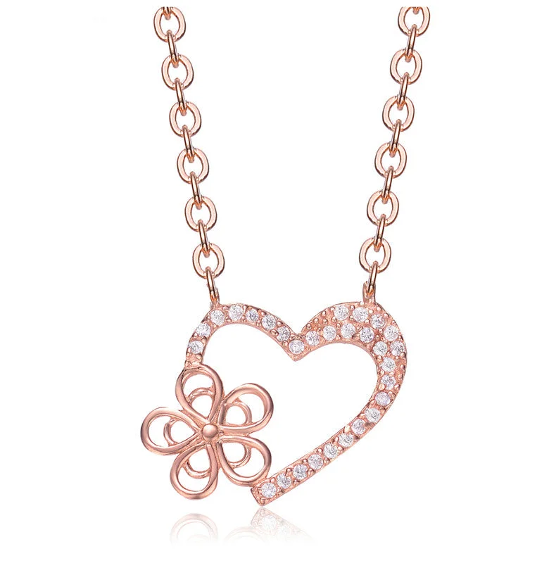 Trendy Minimalist Jewelry For Everyday Wear Rose-plated Sterling Silver Cubic Zirconia Heart And Flower Shape Necklace Trendy Minimalist Jewelry For Everyday Wear Rose-plated Sterling Silver Cubic Zirconia Heart And Flower Shape Necklace