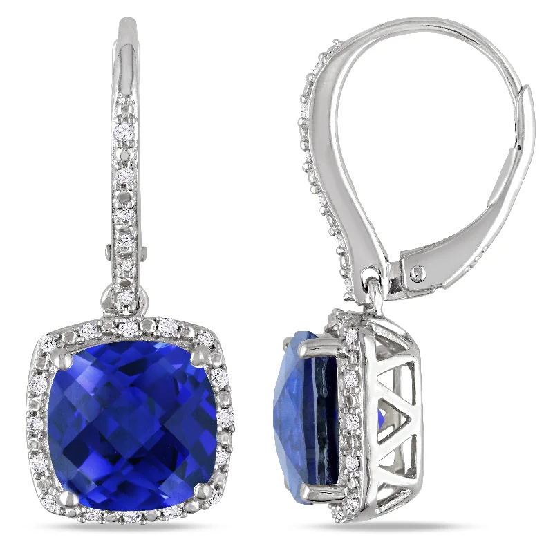 Discover Unique Jewelry With Special Limited-Time Offers 6 1/2 CT TGW Created Blue Sapphire and 1/5 CT TW Diamond Leverback Halo Earrings in Sterling Silver Discover Unique Jewelry With Special Limited-Time Offers 6 1/2 CT TGW Created Blue Sapphire and 1/5 CT TW Diamond Leverback Halo Earrings in Sterling Silver