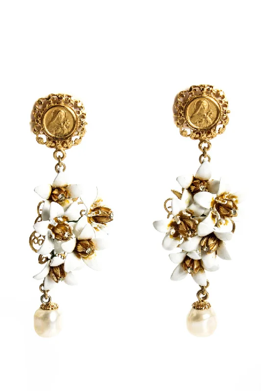 High-Quality Jewelry At A Fraction Of The Cost Dolce & Gabbana Womens Gold Tone White Resin Floral Faux Pearl Dangle Earrings
