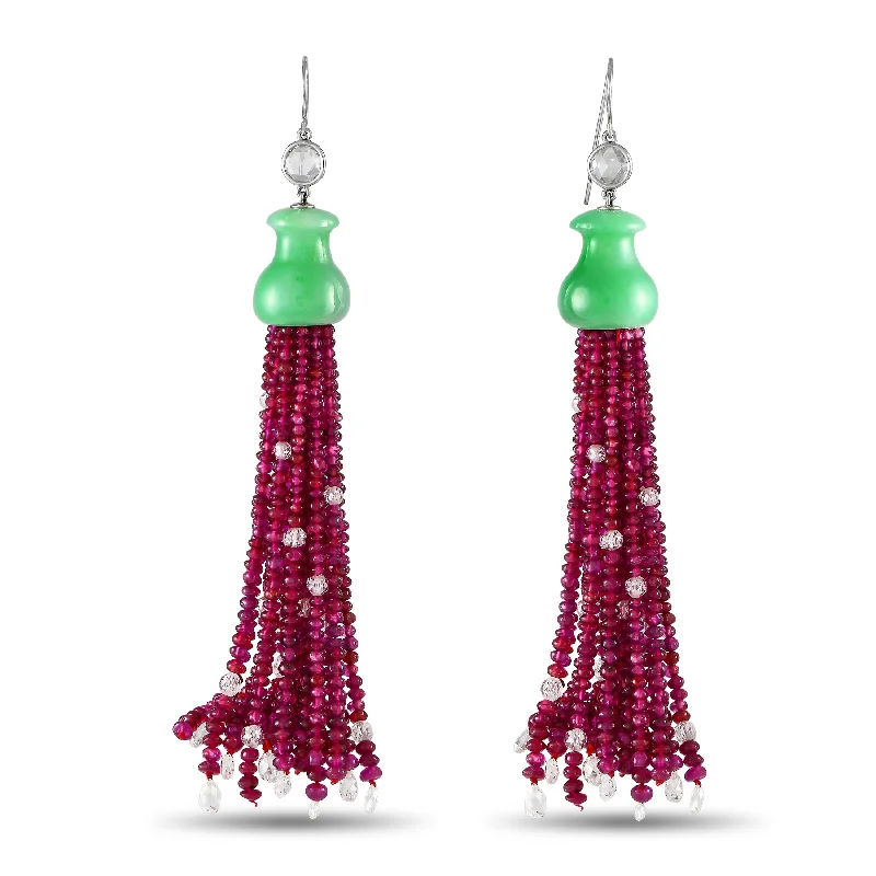 Huge Markdowns On Premium Jewelry Styles LB Exclusive 11.50ct Briolette Diamond, Ruby and Jade Tassel Earrings MF08-072524 Huge Markdowns On Premium Jewelry Styles LB Exclusive 11.50ct Briolette Diamond, Ruby and Jade Tassel Earrings MF08-072524