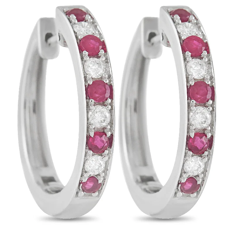 Unique Jewelry For Less – Shop The Sale Now LB Exclusive 14K White Gold 0.25 ct Diamond and 0.42 ct Ruby Hoop Earrings