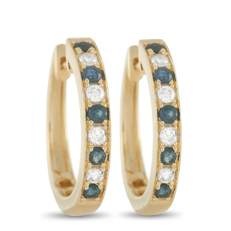 Chic, Trendy, And Affordable Jewelry Sale LB Exclusive 14K Yellow Gold 0.25ct Diamond and Sapphire Hoop Earrings Chic, Trendy, And Affordable Jewelry Sale LB Exclusive 14K Yellow Gold 0.25ct Diamond and Sapphire Hoop Earrings