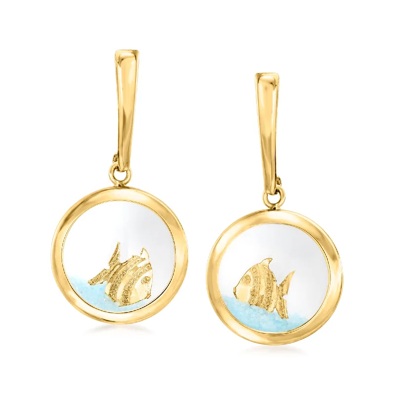 Discounted Jewelry For A Glamorous Look Ross-Simons 14kt Yellow Gold Fish and Blue Sand in Glass Drop Earrings Discounted Jewelry For A Glamorous Look Ross-Simons 14kt Yellow Gold Fish and Blue Sand in Glass Drop Earrings