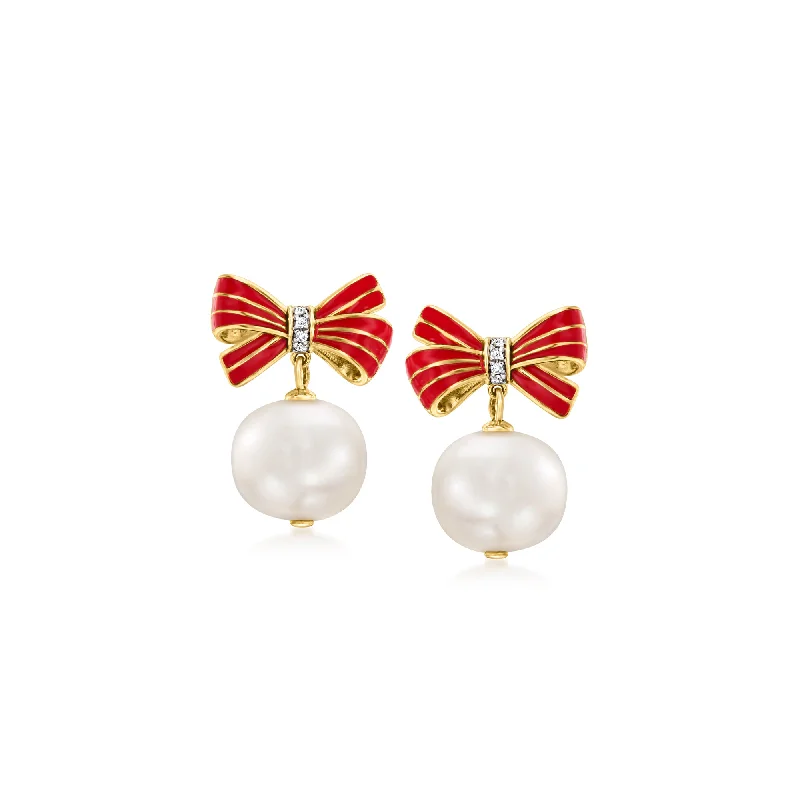 Exclusive Online Discounts On Stylish Jewelry Ross-Simons 8.5-9mm Cultured Pearl Bow Drop Earrings With Diamond Accents and Red Enamel in 18kt Gold Over Sterling Exclusive Online Discounts On Stylish Jewelry Ross-Simons 8.5-9mm Cultured Pearl Bow Drop Earrings With Diamond Accents and Red Enamel in 18kt Gold Over Sterling