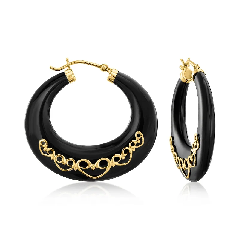 Must-Have Jewelry At Unbelievable Discounts Ross-Simons Black Agate Scrolled Heart Hoop Earrings in 14kt Yellow Gold Must-Have Jewelry At Unbelievable Discounts Ross-Simons Black Agate Scrolled Heart Hoop Earrings in 14kt Yellow Gold