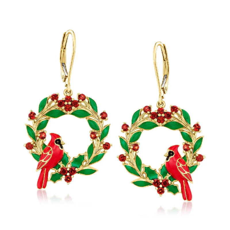 Romantic Heart-Shaped Jewelry For Special Gifts Ross-Simons Garnet and Multicolored Enamel Cardinal Wreath Drop Earrings in 18kt Gold Over Sterling Romantic Heart-Shaped Jewelry For Special Gifts Ross-Simons Garnet and Multicolored Enamel Cardinal Wreath Drop Earrings in 18kt Gold Over Sterling