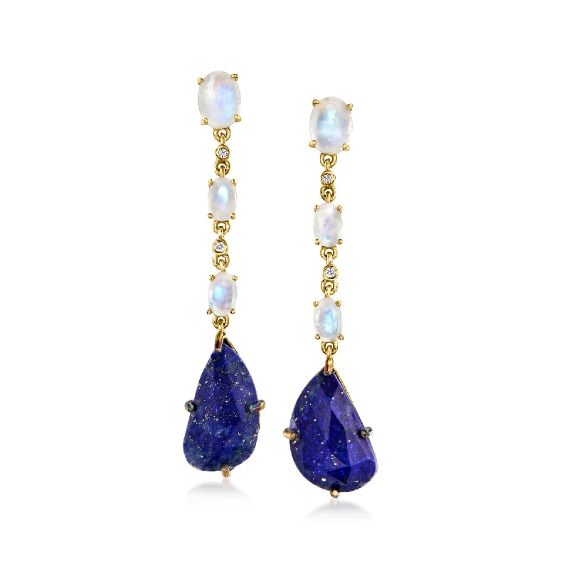 Chic, Trendy, And Affordable Jewelry Sale Ross-Simons Lapis and Moonstone Drop Earrings With White Topaz Accents in 18kt Gold Over Sterling Chic, Trendy, And Affordable Jewelry Sale Ross-Simons Lapis and Moonstone Drop Earrings With White Topaz Accents in 18kt Gold Over Sterling
