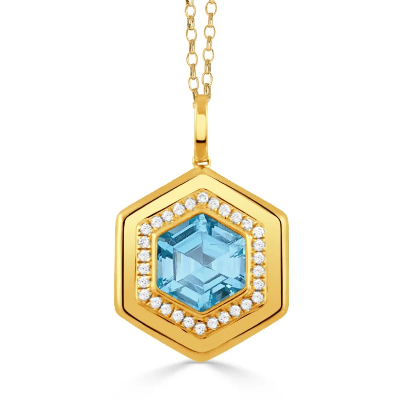 Stunning Statement Jewelry, Unbeatable Discounts Blue Topaz & Diamond Hexagon 18K Yellow Gold Pendant Necklace Stunning Statement Jewelry, Unbeatable Discounts Blue Topaz & Diamond Hexagon 18K Yellow Gold Pendant Necklace
