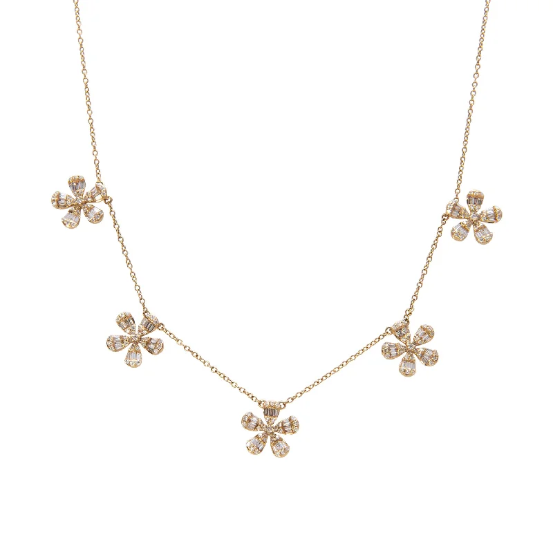 Luxury Handcrafted Jewelry For Elegant Looks Round & Baguette Diamond Flower 5 Station 14K Yellow Gold Necklace Luxury Handcrafted Jewelry For Elegant Looks Round & Baguette Diamond Flower 5 Station 14K Yellow Gold Necklace