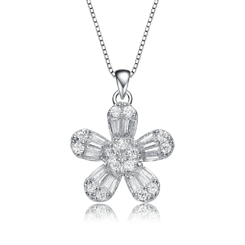 Get Your Favorite Jewelry At The Best Price .925 Sterling Silver With Rhodium Plated Baguette Cubic Zirconia Flower Style Pendant Necklace Get Your Favorite Jewelry At The Best Price .925 Sterling Silver With Rhodium Plated Baguette Cubic Zirconia Flower Style Pendant Necklace