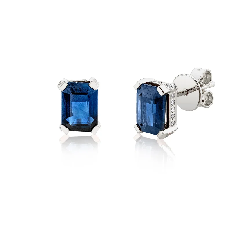 Timeless Elegance Now At Special Discounts BLUE SAPPHIRE RECTANGLE HALO STUDS