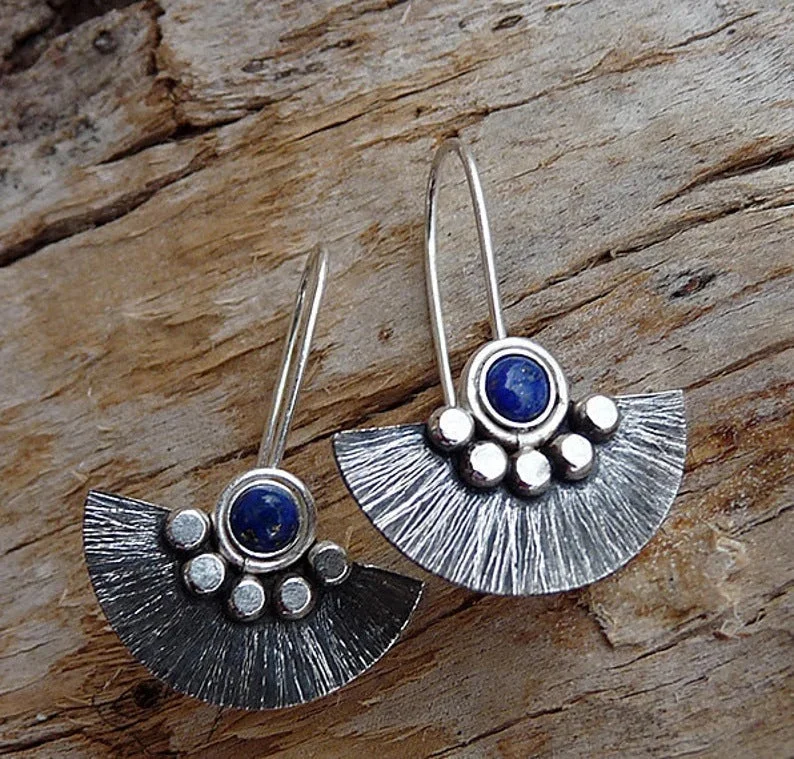 Personalized Jewelry At Special Discount Rates Bohemian Silver Fan Earrings with Lapis Lazuli Stone Accent jlt11601 Personalized Jewelry At Special Discount Rates Bohemian Silver Fan Earrings with Lapis Lazuli Stone Accent jlt11601