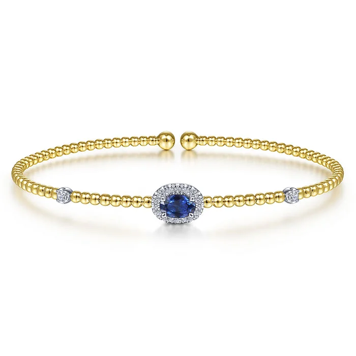 Timeless Elegance Now At Special Discounts 14K White-Yellow Gold Bujukan Bead Cuff Bracelet with Sapphire and Diamond Halo Station Timeless Elegance Now At Special Discounts 14K White-Yellow Gold Bujukan Bead Cuff Bracelet with Sapphire and Diamond Halo Station