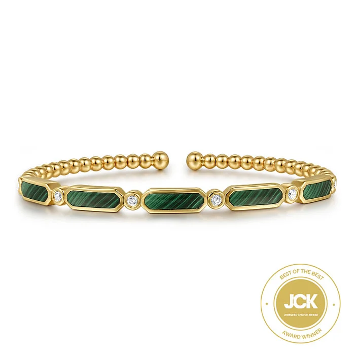 Chic, Trendy, And Affordable Jewelry Sale 14K Yellow Gold Diamond and Malachite Bujukan Bangle Chic, Trendy, And Affordable Jewelry Sale 14K Yellow Gold Diamond and Malachite Bujukan Bangle