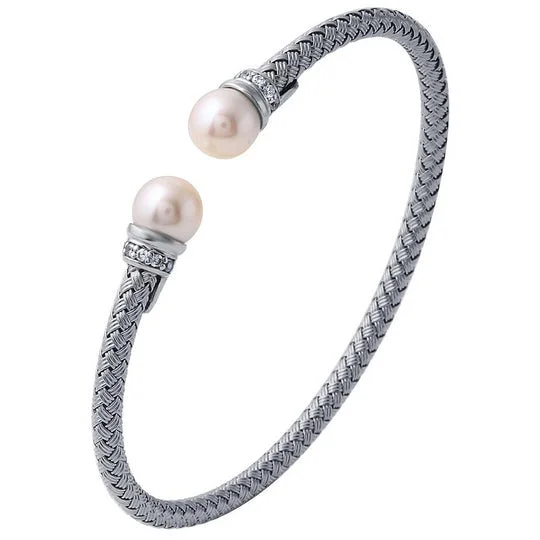Get The Jewelry You Love At A Price You Love Pearl & CZ Gold Plated Silver 4mm Mesh Cuff Bangle Get The Jewelry You Love At A Price You Love Pearl & CZ Gold Plated Silver 4mm Mesh Cuff Bangle