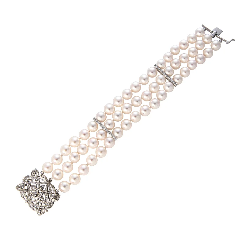 Huge Savings On Timeless Jewelry Collections Three Strand Akoya Pearl & Diamond Clasp 14K Gold Bracelet Huge Savings On Timeless Jewelry Collections Three Strand Akoya Pearl & Diamond Clasp 14K Gold Bracelet