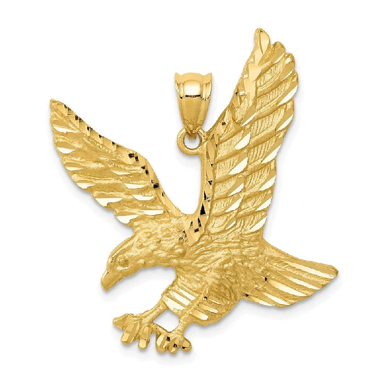 Modern Statement Jewelry For Bold Styling 14k Yellow Gold Satin and Diamond Cut Eagle Pendant, 25mm Modern Statement Jewelry For Bold Styling 14k Yellow Gold Satin and Diamond Cut Eagle Pendant, 25mm
