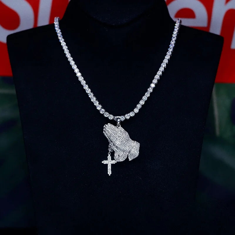 Bohemian-Inspired Jewelry For Free-Spirited Fashion S925 Silver Iced Praying hand BlingBling Pendant In WhiteGold-Plated Bohemian-Inspired Jewelry For Free-Spirited Fashion S925 Silver Iced Praying hand BlingBling Pendant In WhiteGold-Plated
